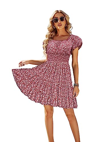 Yeahill Sommerkleid Damen Blumen Tunika Kleid Damen Kurz Schulterfreies Kleid High Waist Volantkleider Damen Boho Strandkleider Luftiges Minikleid (Rotwein,M) von Yeahill