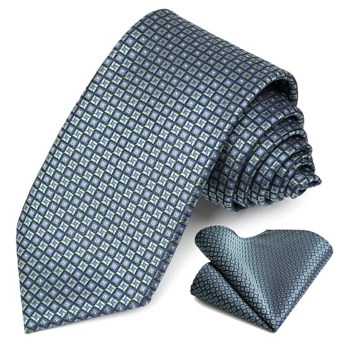 Yeahsun High Herren Krawatten- und Einstecktuch-Set, gestreift, gepunktet, formelles Karomuster, gewebt, mit Taschentuch, Blau Grün, Regulär von Yeahsun High