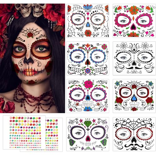 Halloween Temporäre Tattoo Totenkopf, 10 Stück Skelett Halloween Tattoo Gesicht, Dia de Los Muertos Tattoo, Skelett Schminke Gesichtstattoo, Make up Aufkleber für Halloween Karneval Fasching Party Halloween Temporäre Tattoo Totenkopf, 10 Stück Skelett Halloween Tattoo Gesicht, Dia de Los Muertos Tattoo, Skelett Schminke Gesichtstattoo, Make up Aufkleber für Halloween Karneval Fasching Party von Yealiely