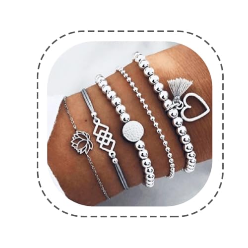 Yean Silberne stapelbare Armbänder mit Herz-Charm-Perlen, Armband-Set, Sommer- und Strand-Handkette, Schmuck-Accessoires für Frauen von Yean