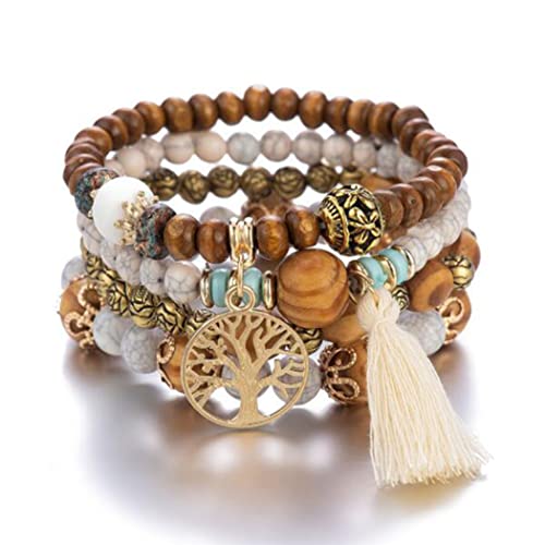 Yean Boho-Armbänder, Holzperlen, Quasten-Armband, Damen, Baum des Lebens, Statement-Armreifen, 4 Stück, 9.84 inch, Kristall Kristall Perlen von Yean