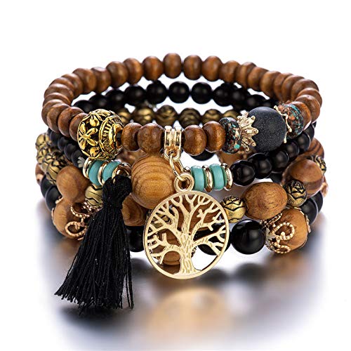 Yean Boho Armbänder 4 Stück Holzperlen Damen Armband Quaste Baum des Lebens Charm Statement Armreifen (schwarz) von Yean