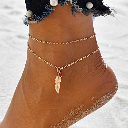 Yean Boho Feder Anhänger Fußkettchen mit rotem Kristall geschichteten Knöchel Armband Fashion Fußkette Gold für Frauen und Mädchen von Yean