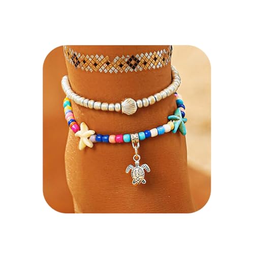 Yean Boho-Fußkettchen mit Perlen, Seestern-Fußkettchen, Muschel-Strand-Fußschmuck für Frauen (Silber A) von Yean