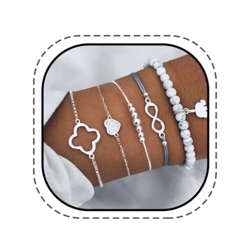 Yean Boho geschichtet Crystal Armband Set Silber Herz Armbänder mit Elefanten verstellbaren Perlen Hand Zubehör für Frauen und Mädchen 5er Pack von Yean