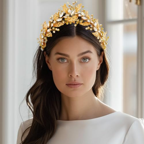 Yean Braut Blatt Stirnband Gold Tiara Krone Kopfschmuck Strass Hochzeit Haarschmuck für Frauen von Yean