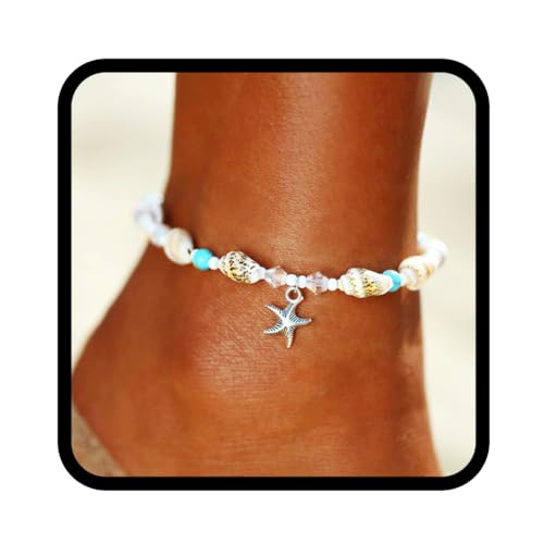 Yean Seashell Fußkettchen Seestern Türkis Knöchel Armband Silber Fußkette Schmuck für Frauen und Mädchen von Yean