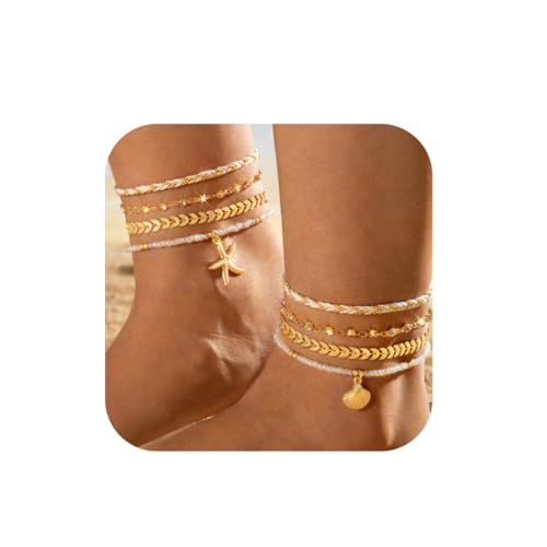 Yean Stapelbare Fußkettchen-Set mit Perlen und Muscheln, Seestern-Fußkettchen, Strand-Fußschmuck für Frauen von Yean