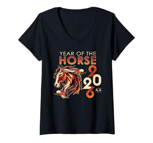 Damen Chinesisches Neujahr 2026 Mondneujahr - Jahr des Pferdes T-Shirt mit V-Ausschnitt Damen Chinesisches Neujahr 2026 Mondneujahr - Jahr des Pferdes T-Shirt mit V-Ausschnitt von Year of the Horse 2026 Happy Chinese New Year 2026