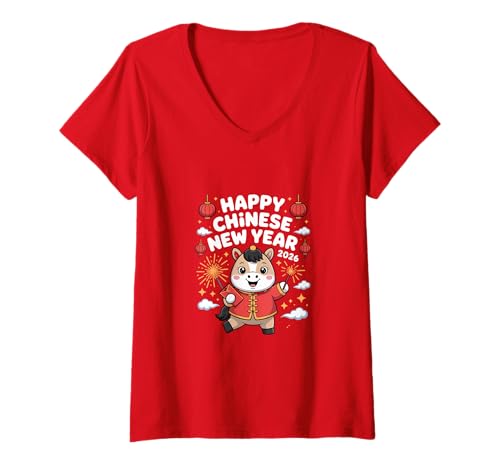Damen Chinesische Neujahrsdekorationen 2026 Pferd Sternzeichen T-Shirt mit V-Ausschnitt Damen Chinesische Neujahrsdekorationen 2026 Pferd Sternzeichen T-Shirt mit V-Ausschnitt von Year of the Horse Zodiac Men Women Tshirts