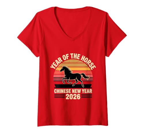 Damen Chinesisches Neujahr 2026 Jahr des Pferdes Sternzeichen T-Shirt mit V-Ausschnitt Damen Chinesisches Neujahr 2026 Jahr des Pferdes Sternzeichen T-Shirt mit V-Ausschnitt von Year of the Horse Zodiac Men Women Tshirts