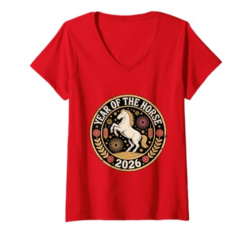 Damen Chinesisches Neujahr 2026 Mondpferd Sternzeichen Dekorationen T-Shirt mit V-Ausschnitt Damen Chinesisches Neujahr 2026 Mondpferd Sternzeichen Dekorationen T-Shirt mit V-Ausschnitt von Year of the Horse Zodiac Men Women Tshirts