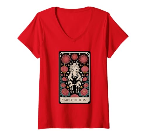 Damen Chinesisches Neujahr 2026 Mondpferd Taro Karte Sternzeichen T-Shirt mit V-Ausschnitt Damen Chinesisches Neujahr 2026 Mondpferd Taro Karte Sternzeichen T-Shirt mit V-Ausschnitt von Year of the Horse Zodiac Men Women Tshirts