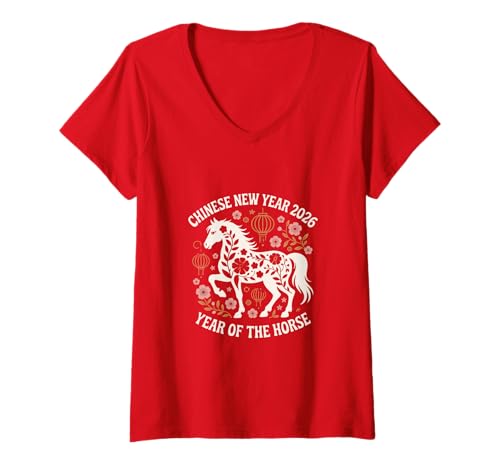 Damen Chinesisches Neujahr 2026 Mondsternzeichen Pferd Jahr T-Shirt mit V-Ausschnitt Damen Chinesisches Neujahr 2026 Mondsternzeichen Pferd Jahr T-Shirt mit V-Ausschnitt von Year of the Horse Zodiac Men Women Tshirts