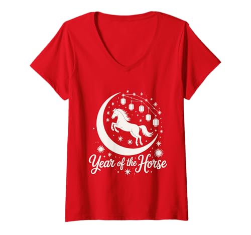 Damen Chinesisches Neujahr 2026 Pferd Laterne Monddekoration T-Shirt mit V-Ausschnitt Damen Chinesisches Neujahr 2026 Pferd Laterne Monddekoration T-Shirt mit V-Ausschnitt von Year of the Horse Zodiac Men Women Tshirts