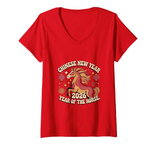 Damen Chinesisches Neujahr 2026 Pferd Mond Sternzeichen Dekorationen T-Shirt mit V-Ausschnitt Damen Chinesisches Neujahr 2026 Pferd Mond Sternzeichen Dekorationen T-Shirt mit V-Ausschnitt von Year of the Horse Zodiac Men Women Tshirts