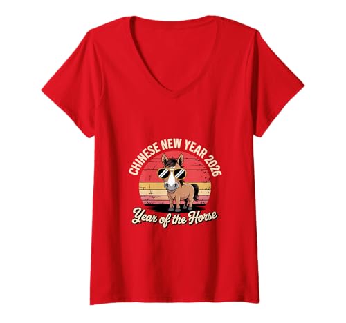 Damen Chinesisches Neujahr 2026 Pferd Sonnenbrille Mondneujahr T-Shirt mit V-Ausschnitt Damen Chinesisches Neujahr 2026 Pferd Sonnenbrille Mondneujahr T-Shirt mit V-Ausschnitt von Year of the Horse Zodiac Men Women Tshirts