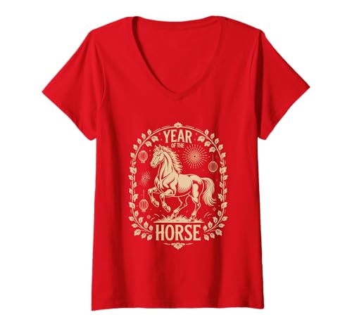 Damen Chinesisches Neujahr 2026 Pferd Sternzeichen Dekorationen T-Shirt mit V-Ausschnitt Damen Chinesisches Neujahr 2026 Pferd Sternzeichen Dekorationen T-Shirt mit V-Ausschnitt von Year of the Horse Zodiac Men Women Tshirts
