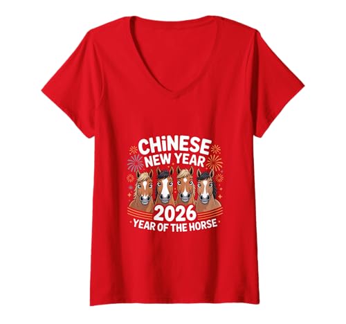 Damen Chinesisches Neujahr 2026 Pferd Sternzeichen Monddekoration T-Shirt mit V-Ausschnitt Damen Chinesisches Neujahr 2026 Pferd Sternzeichen Monddekoration T-Shirt mit V-Ausschnitt von Year of the Horse Zodiac Men Women Tshirts