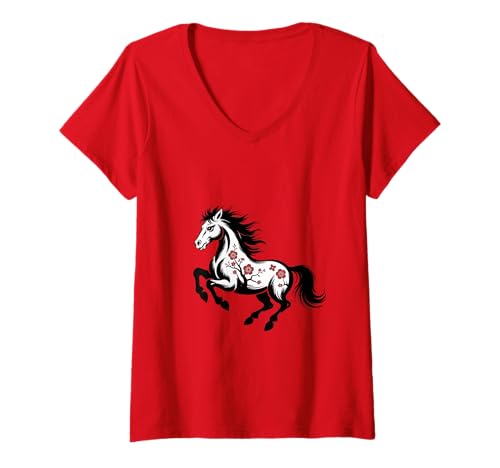 Damen Chinesisches Neujahr 2026 Pferd Sternzeichen Monddekoration T-Shirt mit V-Ausschnitt Damen Chinesisches Neujahr 2026 Pferd Sternzeichen Monddekoration T-Shirt mit V-Ausschnitt von Year of the Horse Zodiac Men Women Tshirts