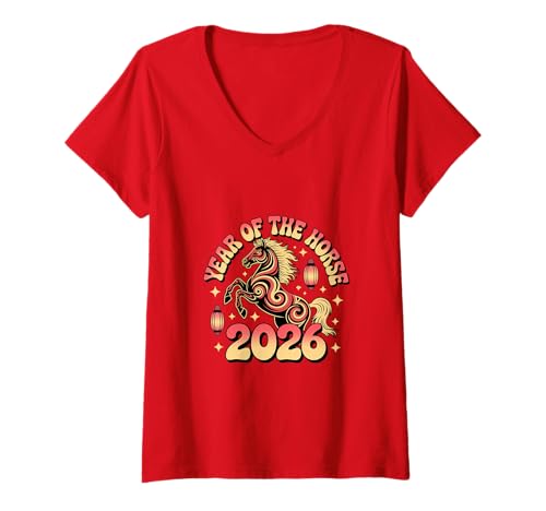 Damen Chinesisches Neujahr 2026 Pferd Sternzeichen Monddekoration T-Shirt mit V-Ausschnitt Damen Chinesisches Neujahr 2026 Pferd Sternzeichen Monddekoration T-Shirt mit V-Ausschnitt von Year of the Horse Zodiac Men Women Tshirts