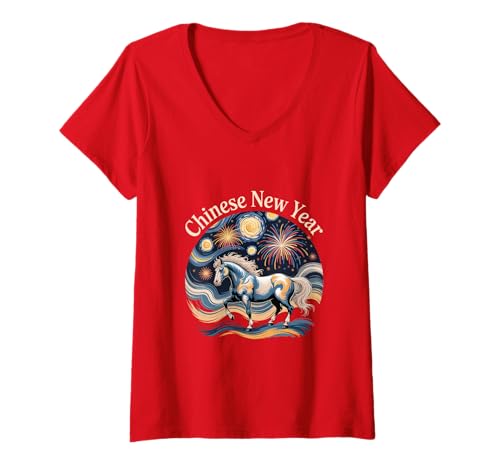 Damen Chinesisches Neujahr 2026 Pferd Sternzeichen Mondjahre Dekorationen T-Shirt mit V-Ausschnitt Damen Chinesisches Neujahr 2026 Pferd Sternzeichen Mondjahre Dekorationen T-Shirt mit V-Ausschnitt von Year of the Horse Zodiac Men Women Tshirts