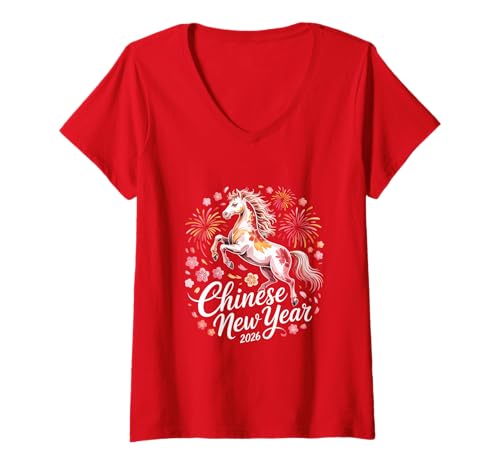 Damen Chinesisches Neujahr 2026 Pferd Sternzeichen Mondneujahr T-Shirt mit V-Ausschnitt Damen Chinesisches Neujahr 2026 Pferd Sternzeichen Mondneujahr T-Shirt mit V-Ausschnitt von Year of the Horse Zodiac Men Women Tshirts