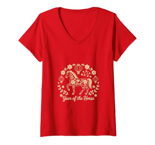 Damen Chinesisches Neujahr 2026 Pferd Sternzeichen Mondneujahr T-Shirt mit V-Ausschnitt Damen Chinesisches Neujahr 2026 Pferd Sternzeichen Mondneujahr T-Shirt mit V-Ausschnitt von Year of the Horse Zodiac Men Women Tshirts