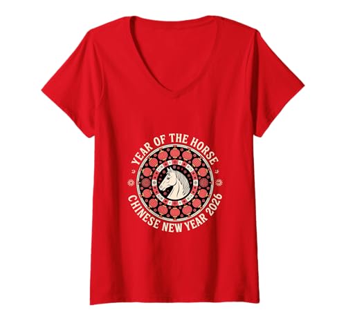 Damen Chinesisches Neujahr 2026 Pferd Sternzeichen Mondneujahr T-Shirt mit V-Ausschnitt Damen Chinesisches Neujahr 2026 Pferd Sternzeichen Mondneujahr T-Shirt mit V-Ausschnitt von Year of the Horse Zodiac Men Women Tshirts
