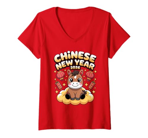 Damen Chinesisches Neujahr 2026 Pferd Sternzeichen Mondneujahr T-Shirt mit V-Ausschnitt Damen Chinesisches Neujahr 2026 Pferd Sternzeichen Mondneujahr T-Shirt mit V-Ausschnitt von Year of the Horse Zodiac Men Women Tshirts
