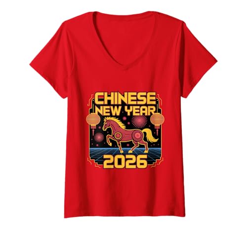 Damen Chinesisches Neujahr 2026 Pferd Sternzeichen Mondneujahr T-Shirt mit V-Ausschnitt Damen Chinesisches Neujahr 2026 Pferd Sternzeichen Mondneujahr T-Shirt mit V-Ausschnitt von Year of the Horse Zodiac Men Women Tshirts