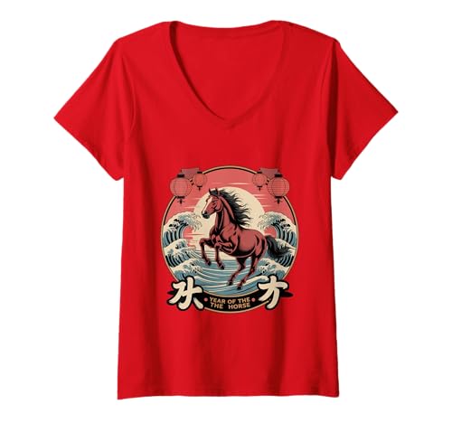 Damen Chinesisches Neujahr 2026 Pferd Sternzeichen Mondneujahr T-Shirt mit V-Ausschnitt Damen Chinesisches Neujahr 2026 Pferd Sternzeichen Mondneujahr T-Shirt mit V-Ausschnitt von Year of the Horse Zodiac Men Women Tshirts