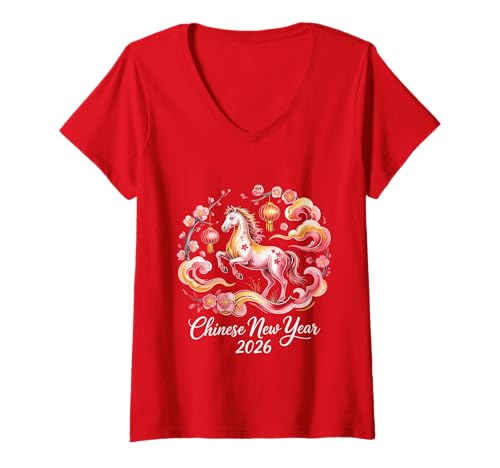 Damen Chinesisches Neujahr 2026 Pferd Sternzeichen Mondneujahr T-Shirt mit V-Ausschnitt Damen Chinesisches Neujahr 2026 Pferd Sternzeichen Mondneujahr T-Shirt mit V-Ausschnitt von Year of the Horse Zodiac Men Women Tshirts