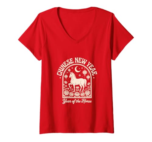 Damen Chinesisches Neujahr 2026 Pferd Sternzeichen Mondneujahr T-Shirt mit V-Ausschnitt Damen Chinesisches Neujahr 2026 Pferd Sternzeichen Mondneujahr T-Shirt mit V-Ausschnitt von Year of the Horse Zodiac Men Women Tshirts