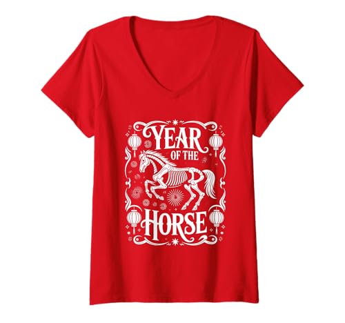 Damen Chinesisches Neujahr 2026 Skelett Pferd Sternzeichen Dekorationen T-Shirt mit V-Ausschnitt Damen Chinesisches Neujahr 2026 Skelett Pferd Sternzeichen Dekorationen T-Shirt mit V-Ausschnitt von Year of the Horse Zodiac Men Women Tshirts