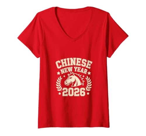 Damen Chinesisches Neujahrsfest 2026 Pferd Sternzeichen Mondfeiern T-Shirt mit V-Ausschnitt Damen Chinesisches Neujahrsfest 2026 Pferd Sternzeichen Mondfeiern T-Shirt mit V-Ausschnitt von Year of the Horse Zodiac Men Women Tshirts