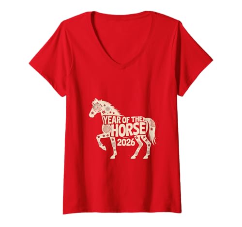 Damen Jahr des Pferdes 2026 Chinesisches Mondneujahr T-Shirt mit V-Ausschnitt Damen Jahr des Pferdes 2026 Chinesisches Mondneujahr T-Shirt mit V-Ausschnitt von Year of the Horse Zodiac Men Women Tshirts