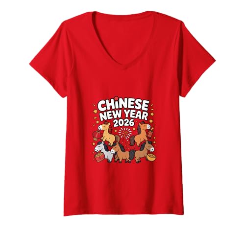 Damen Niedliches chinesisches Neujahr 2026 Pferd Sternzeichen Mondneujahr T-Shirt mit V-Ausschnitt Damen Niedliches chinesisches Neujahr 2026 Pferd Sternzeichen Mondneujahr T-Shirt mit V-Ausschnitt von Year of the Horse Zodiac Men Women Tshirts