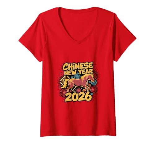 Damen Pferd 2026 Vintage Chinesisches Neujahrsfest T-Shirt mit V-Ausschnitt Damen Pferd 2026 Vintage Chinesisches Neujahrsfest T-Shirt mit V-Ausschnitt von Year of the Horse Zodiac Men Women Tshirts