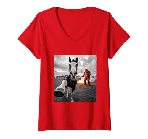 Damen Pferd Selfie Chinesisches Neujahr 2026 Bigfoot Feuerwerk T-Shirt mit V-Ausschnitt Damen Pferd Selfie Chinesisches Neujahr 2026 Bigfoot Feuerwerk T-Shirt mit V-Ausschnitt von Year of the Horse Zodiac Men Women Tshirts