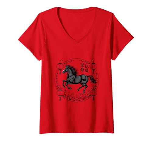Damen Retro Chinesisches Neujahr 2026 Pferd Sternzeichen Mondfest T-Shirt mit V-Ausschnitt Damen Retro Chinesisches Neujahr 2026 Pferd Sternzeichen Mondfest T-Shirt mit V-Ausschnitt von Year of the Horse Zodiac Men Women Tshirts