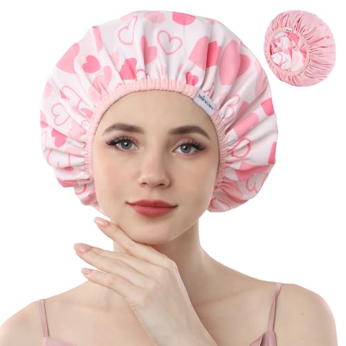 Years Calm Duschhauben für Frauen, wiederverwendbar, wasserdicht, Muster und einfarbig, zweilagiges Design für zweilagige Nutzung, schützt das Haar in Dusche, Spa, Kochen, Reinigen und Reisen (Rosa von Years calm