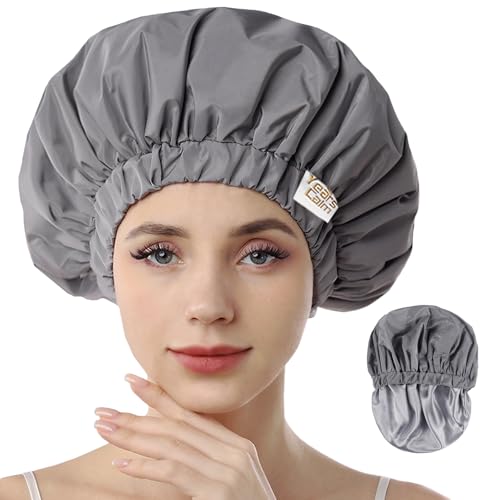 Years Calm Wiederverwendbare wasserdichte Duschhauben für Frauen, Haarkappen für Duschen, doppellagiges elastisches Design, für alle Frisuren, reisefreundlich (grau) von Years calm