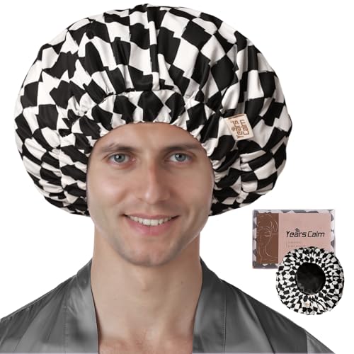 Years calm Duschhaube für Herren, wasserdicht, wiederverwendbar, modisches zweilagiges Design, verstellbares Gummiband für langes und lockiges Haar, XL-Bade- und Spa-Kappe für Reisen, mit Satin von Years calm