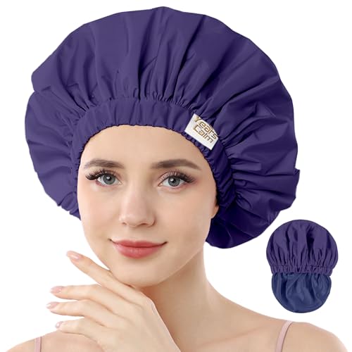 Years calm Wiederverwendbare wasserdichte Duschhauben für Frauen, Haarkappen für Duschen, doppellagiges elastisches Design, für alle Frisuren, reisefreundlich (Dunkelblau) von Years calm
