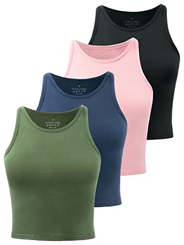 Yeawinta Crop-Tops für Damen, hoher Ausschnitt, Tanktop, athletisch, bauchfrei, Workout, Tanks, Fitnessstudio, Kleidung, 3 Stück, Schwarz/Pink/Grün/Blau, X-Groß von Yeawinta