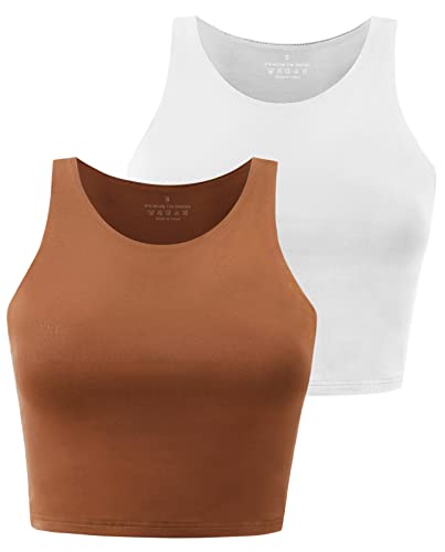 Yeawinta Workout Crop Tops für Frauen Cropped Racerback Neckholder Shirts ärmellose Yoga Tops Pack, 2 Stück weiß/braun, Mittel von Yeawinta