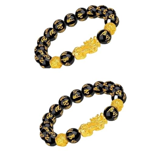 Yecomsy Pixiu Reichtum-Armband, FengShui, Reichtum, Glück, schwarzer Obsidian, Buddha-Perlen, elastisches Armband für Damen und Herren, 2 Stück, Small, Zink, Kein Edelstein von Yecomsy