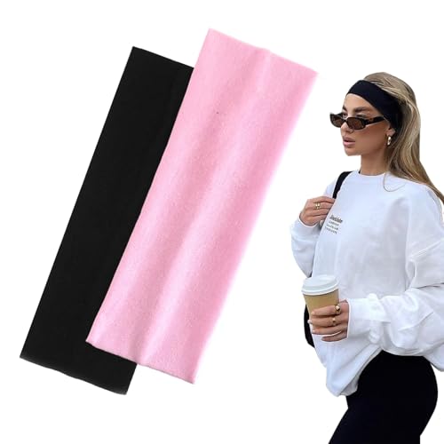 Yedtreg Haarbänder für Damen und Herren, 7 cm breit, schwarz, 2 Stück, modische Stirnbänder für Damenhaar, weicher Stoff, dehnbare Haarbänder für Make-up, Yoga, Laufen, Sport (Schwarz/Rosa) von Yedtreg
