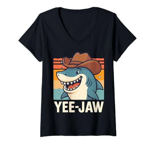 Damen Yee-jaw Hai Cowboy T-Shirt mit V-Ausschnitt Damen Yee-jaw Hai Cowboy T-Shirt mit V-Ausschnitt von Yee Jaw Cowboy Western Hai Ozean